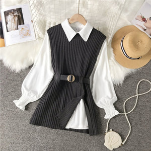 Cozy Sleeve Shirt Knitted Vest Two Piece Sets