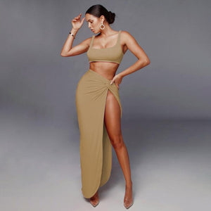 Crop Top Twist & Side Split Long Skirts Matching Sets